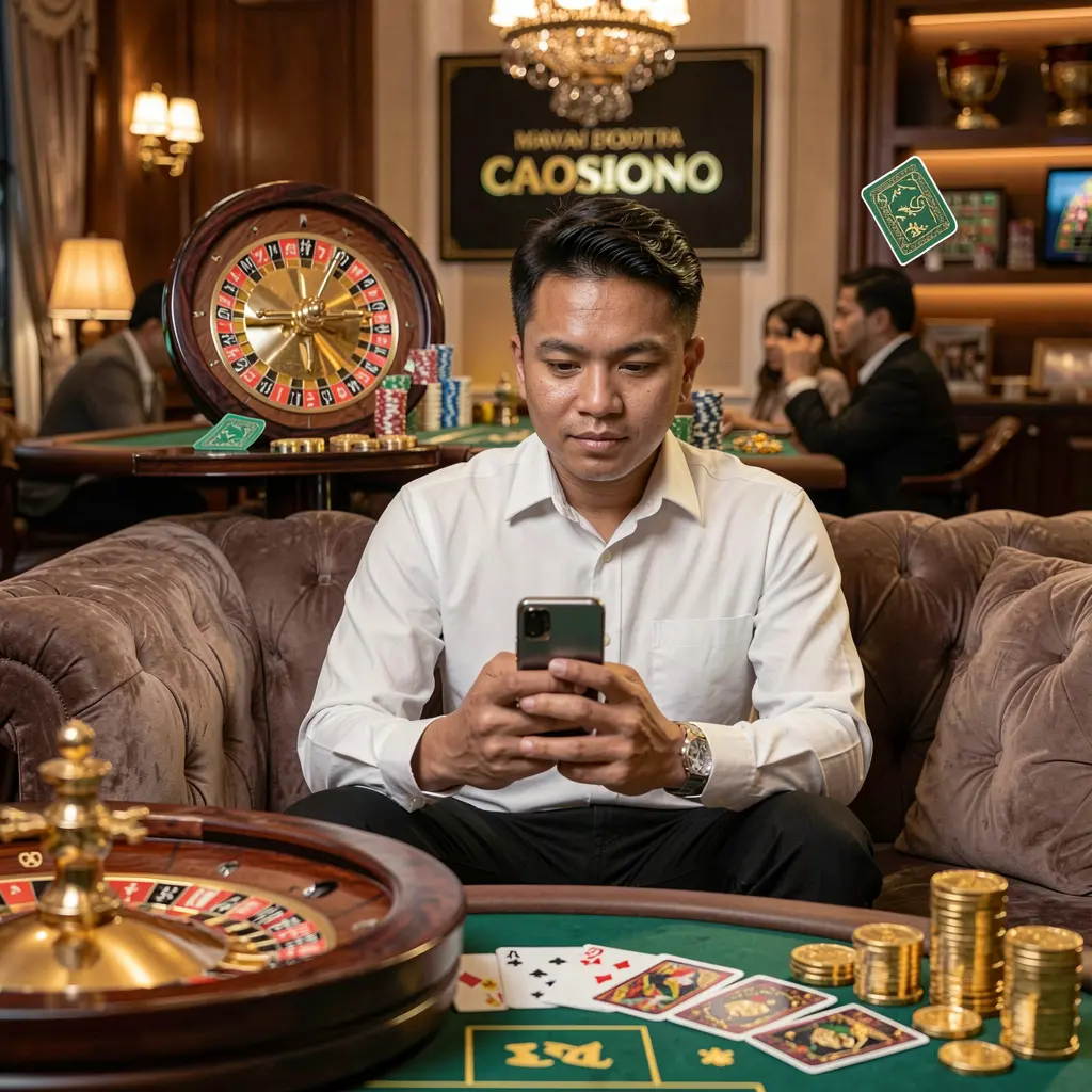 afb88my App – Play high quality casino games anytime in Malaysia Confident Malaysian player using the afb88my mobile casino app with glowing roulette wheels and flying gold coins creating a premium gaming mood