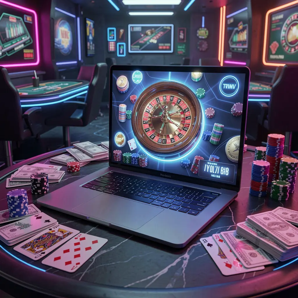 afb88my – Experience immersive online casino gameplay anytime in Malaysia Modern laptop displaying a colorful online roulette wheel surrounded by casino chips and cards highlighting immersive gameplay on afb88my in Malaysia